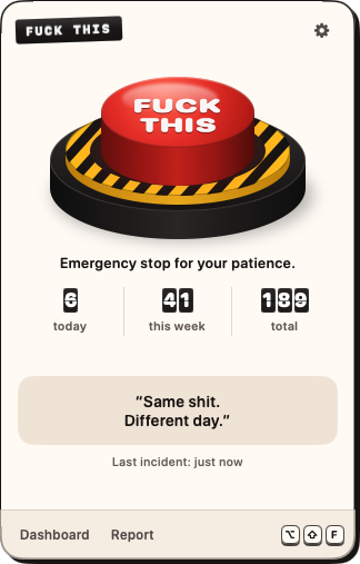 The Fuck This menu bar panel: a big red button with today, week and total counters.